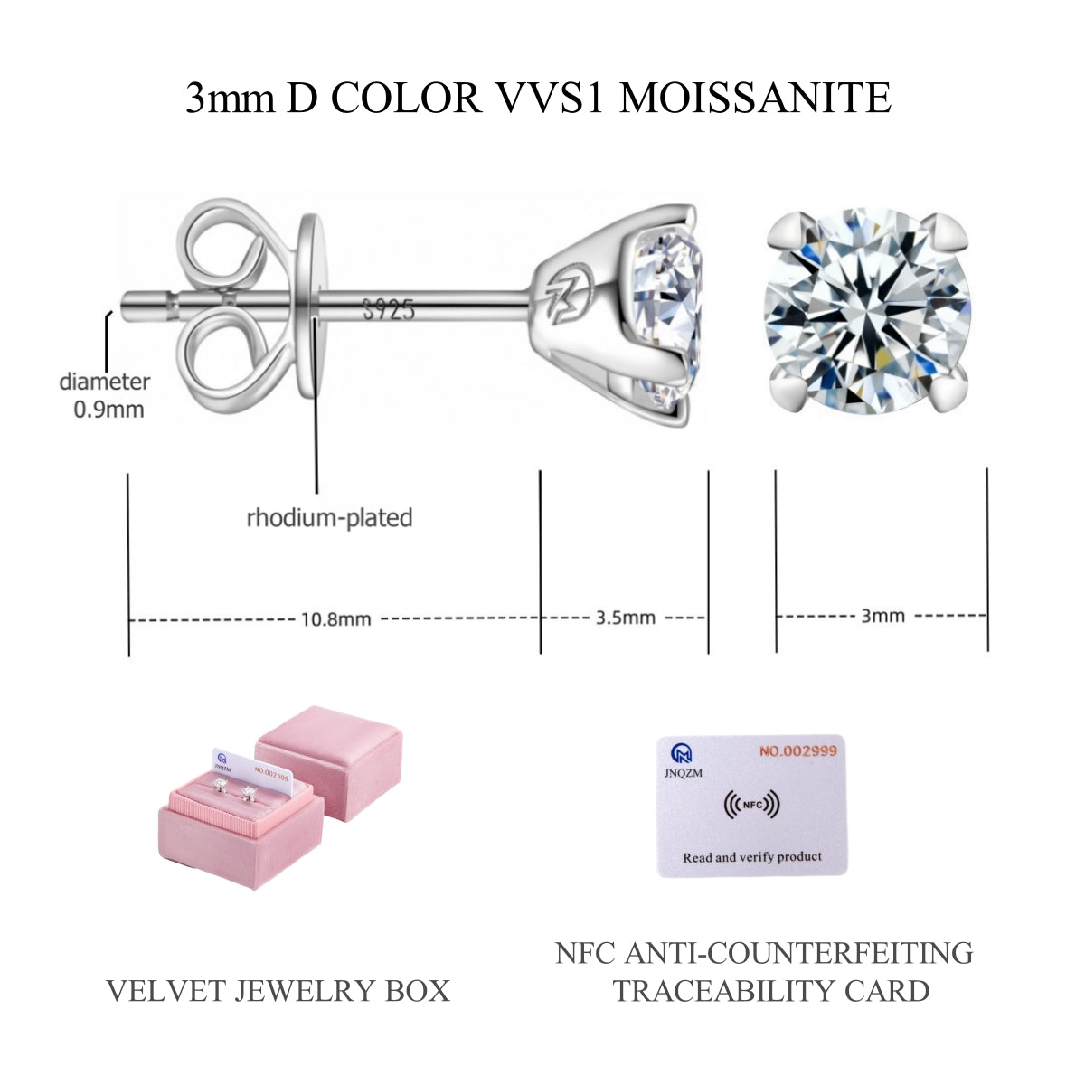 Moissanite Earrings Studs for Women/Men, Hypoallergenic 925 Sterling Silver Flat Back Earrings 18K White Gold Plated, Round Moissanite Studs Idea Gift with Velvet Jewelry Box
