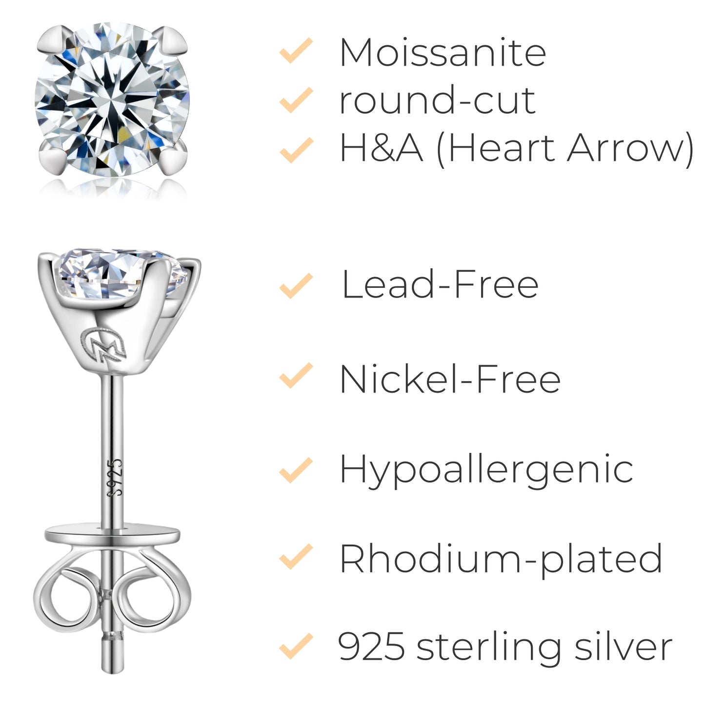 Moissanite Earrings Studs for Women/Men, Hypoallergenic 925 Sterling Silver Flat Back Earrings 18K White Gold Plated, Round Moissanite Studs Idea Gift with Velvet Jewelry Box