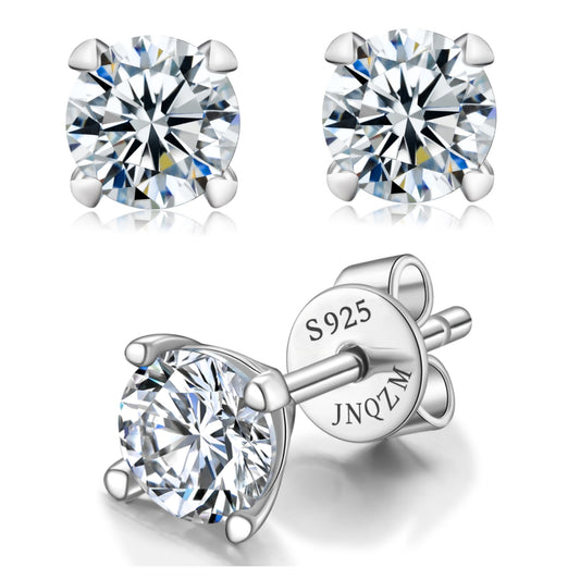 Moissanite Earrings Studs for Women/Men, Hypoallergenic 925 Sterling Silver Flat Back Earrings 18K White Gold Plated, Round Moissanite Studs Idea Gift with Velvet Jewelry Box